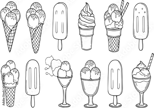 Ice cream silhouette clipart set. Ice cream icon clip art collection in cone, cup, popsicle stick and glass elements vector illustration sweet dessert outline