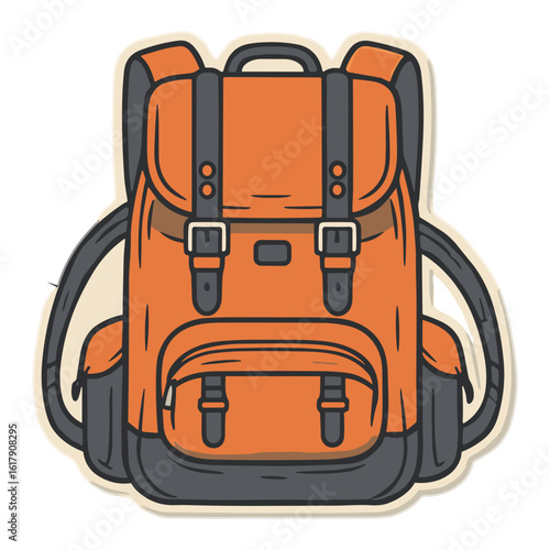 Vector illustration of a vintage orange travel backpack. Rucksack sticker icon for camping and outdoor adventures.