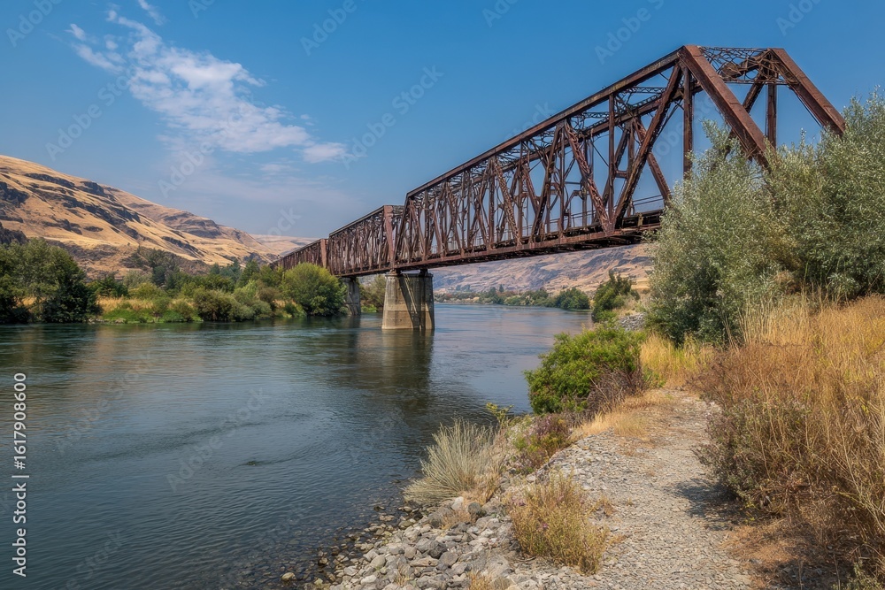 Fototapeta premium Snake Border. Train Bridge on Oregon-Washington Border over River