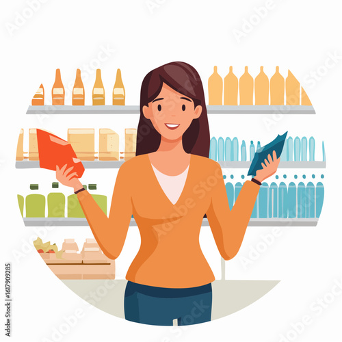 Flat vector of a person comparing prices of two products in a supermarket aisle, holding a shopping list