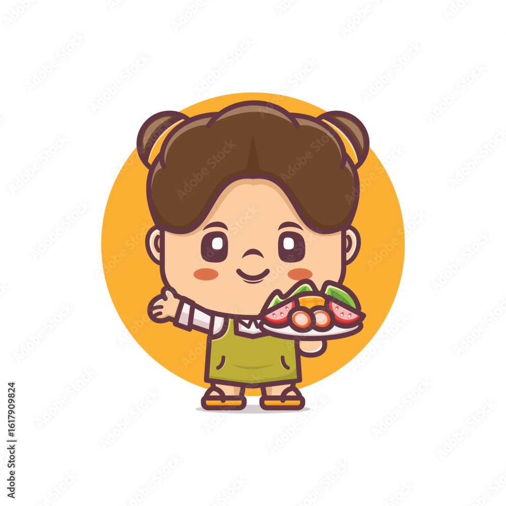 Cute girl with vegan food .cartoon characters and food Cute girl with vegan food .cartoon characters and food