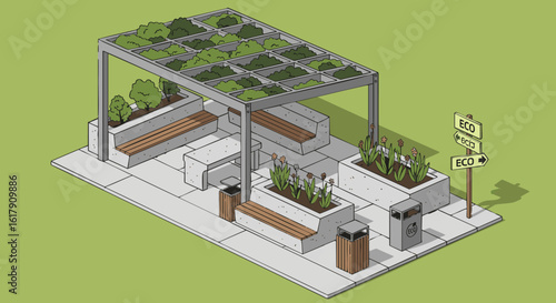 Urban Public Park Pergola Isometric Vector Illustration