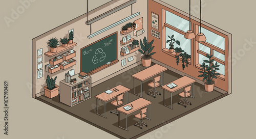 Isometric Pixel Art Classroom Empty School Room Illustration
