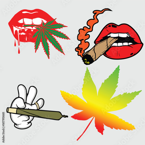 Harmful addictions concept with cigarette marijuana leaves sick lungs hookah