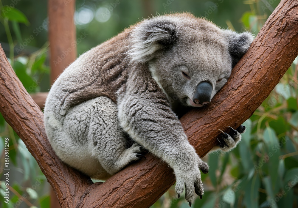 Fototapeta premium Relaxed koala sleeping peacefully on a eucalyptus tree branch, a symbol of tranquility and nature's calm.