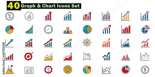 Collection of 40 colorful graph and chart icons with upward trending arrows vector