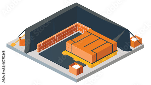 Isometric view of a brick storage area with a tarp covering part of the space and boxes of materials