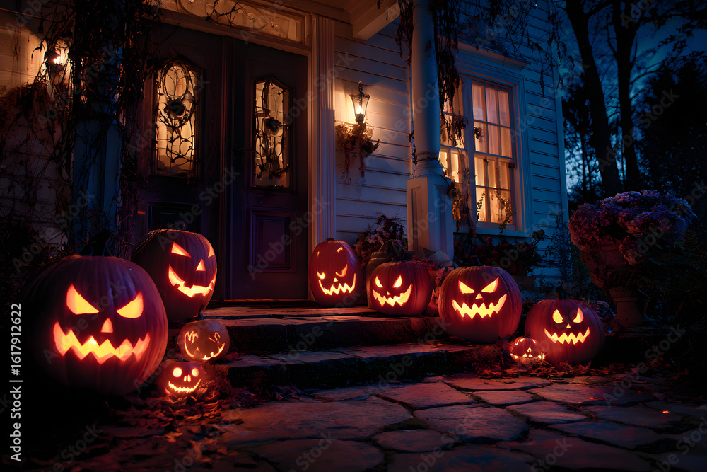 Obraz premium Originally jack-o'-lantern scared evil spirits Irish set carved pumpkins or turnips by the door and windows hoping that they would protect them Modern spooky faces pumpkin carving is for entertainment