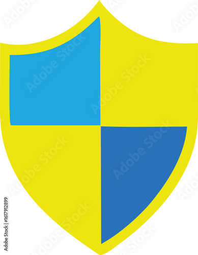 A stylized shield emblem featuring a bold yellow background divided into four quadrants with alternating bright blue and yellow sections