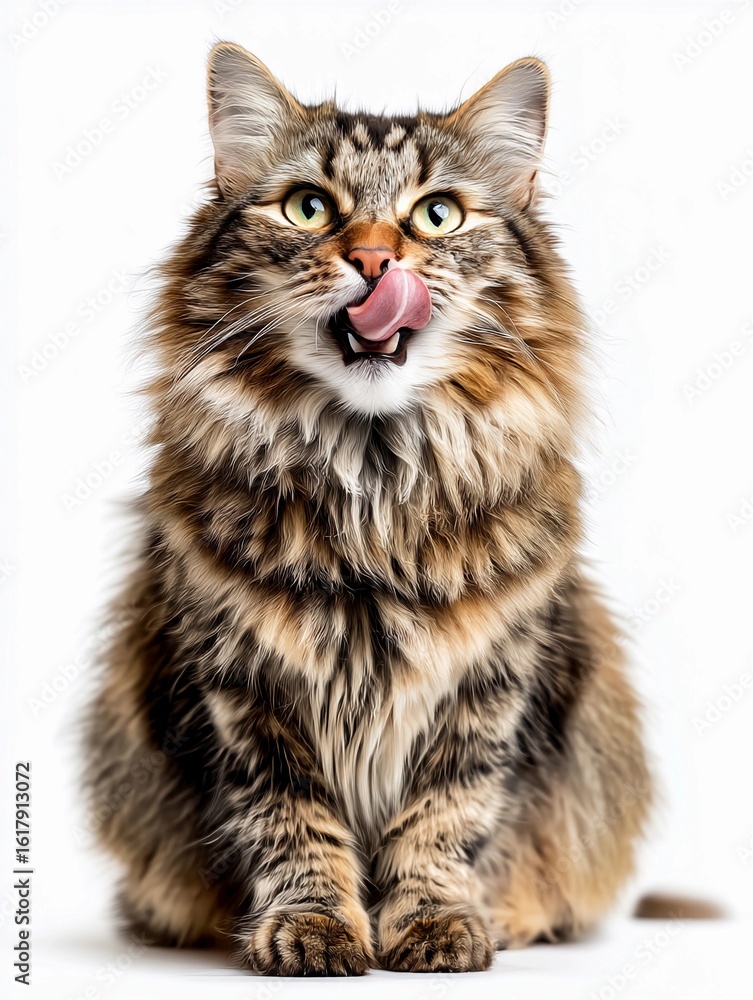 Fototapeta premium Fluffy Cat Licking Lips on White Background 