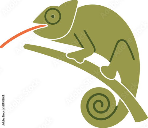 Green chameleon with orange tongue on branch reptile