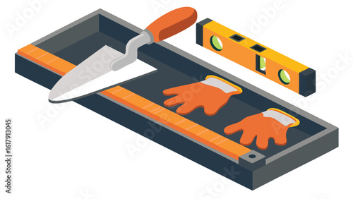 Isometric view of a trowel, gloves, and level inside a dark gray rectangular container with orange accents