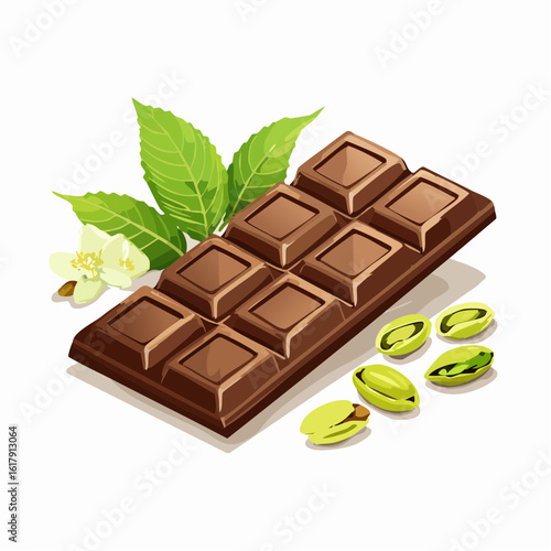 chocolate bar with pistachio nuts on a white background