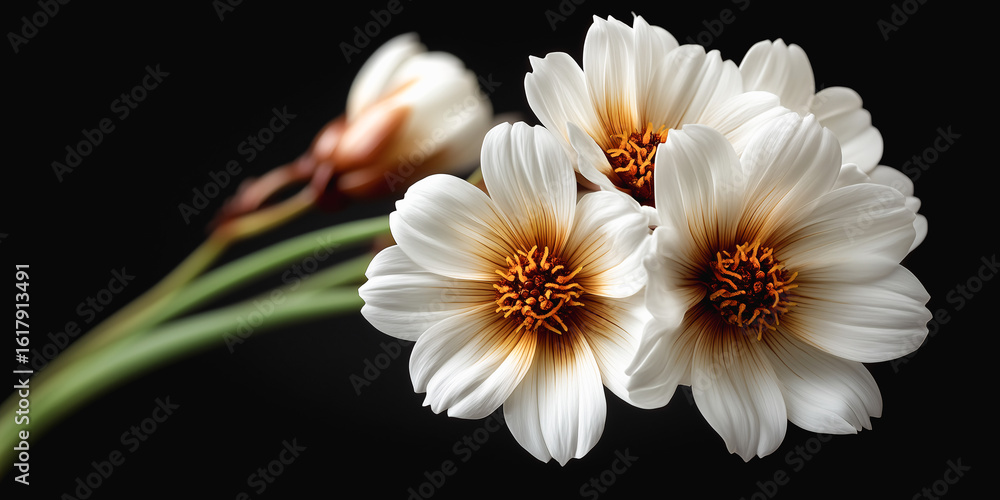 Fototapeta premium Dahlias: A close-up showcases the delicate petals of several white dahlias, each radiating an artistic elegance against a rich, dark backdrop. 