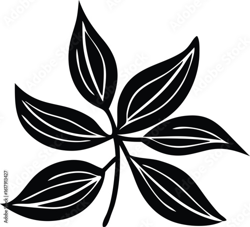 Artistic black and white linocut illustration of a stylized plant stem with six elongated leaves featuring detailed vein patterns