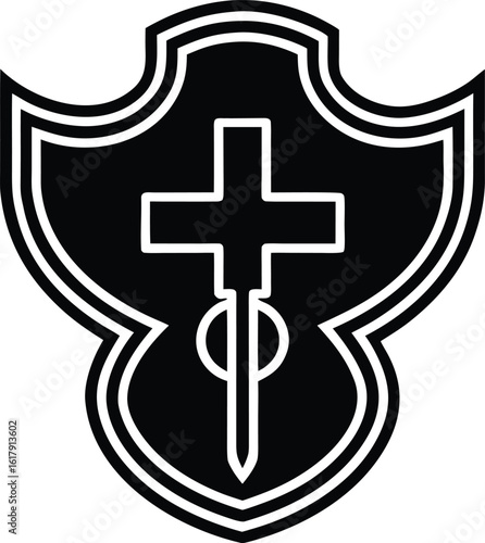 Black shield emblem with white cross and sword symbol vector