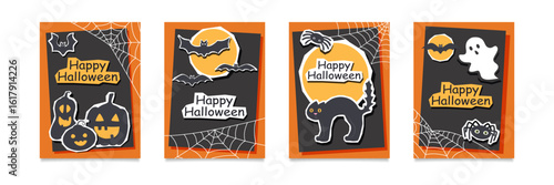 Set of Halloween greeting cards. Halloween posters with pumpkins, bats, ghost, cat and spiders. Vector flat illustrations. 