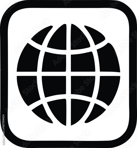 A stark black and white graphic icon features a stylized globe with intersecting lines representing continents and meridians within a rounded square border
