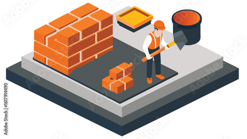 Isometric view of a bricklayer building a brick wall on a layered platform construction site scene
