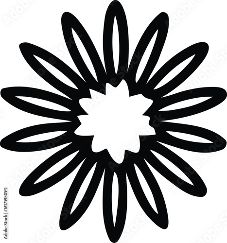 A stylized black outline of a daisy or aster flower with many pointed petals radiating from a bright white center