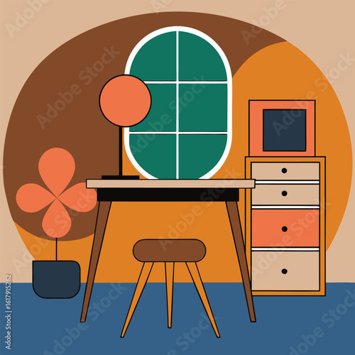 Mid century modern desk with lamp and plant chair