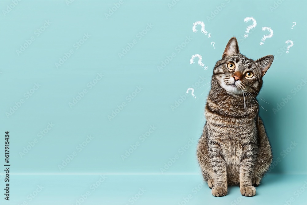 Obraz premium Confused Tabby Cat Tilting Head with Question Marks 