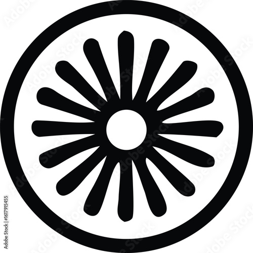 A striking black and white circular emblem featuring a central white circle radiating outward with numerous bold pointed black spokes