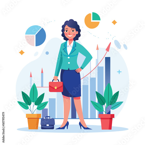 Confident Woman Boss Investing Money in Stocks, Financial Growth Concept, Female Investor with Laptop, Stock Market Trading, Businesswoman Wealth Management Vector Illustration