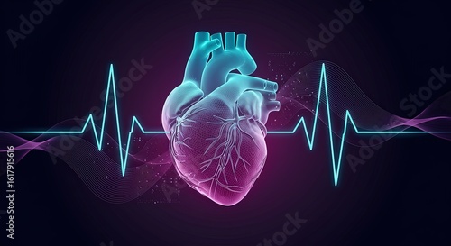 Glowing heart with a pulsating heartbeat waveform on a dark background