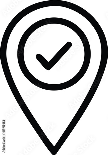 Simple black outline icon of a location pin with a checkmark inside a circle indicating a confirmed or verified destination