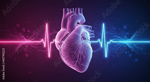 Human heart with pink and blue EKG lines on a dark background