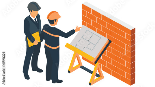 Two architects reviewing a blueprint next to a brick wall and discussing the construction project plans