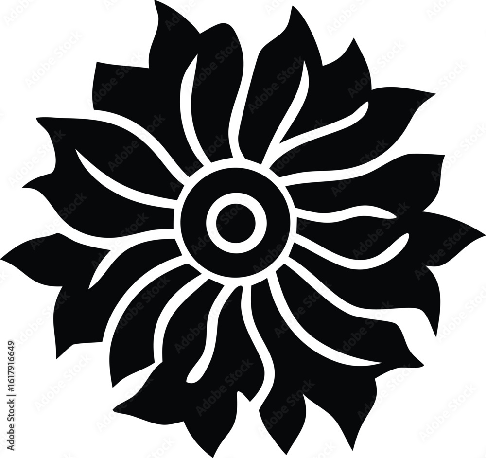 Intricate black silhouette of a stylized floral motif with a central circular core and radiating petals Intricate black silhouette of a stylized floral motif with a central circular core and radiating petals