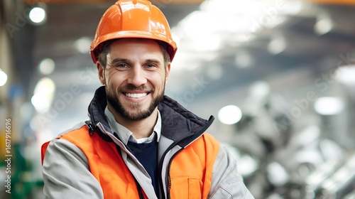 An industrial engineer in a safety helmet, portrayed in a factory setting with a soft background.