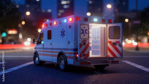 Ambulance on city street at night with emergency lights flashing for healthcare assistance