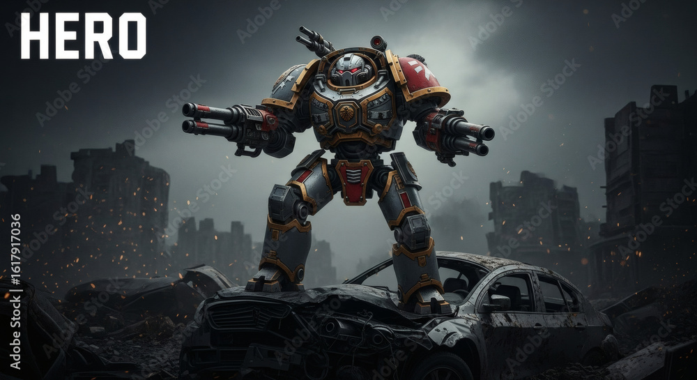 Naklejka premium A formidable futuristic warrior in heavy power armor stands victoriously atop a wrecked vehicle amidst the desolate ruins of a war-torn city under a brooding sky.