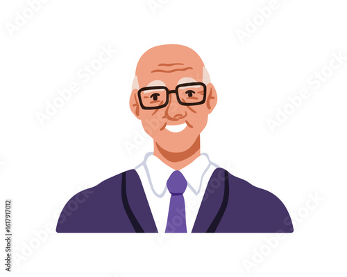 Senior business man, head portrait. Old aged elderly office worker, professional in glasses, suit, tie. Happy smiling elder male avatar. Flat vector illustration isolated on white background