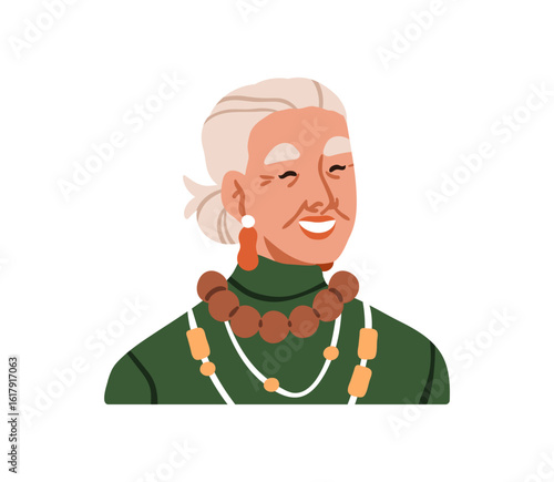 Happy senior woman portrait. Smiling laughing elderly lady with gray hair, accessories. Elegant elder aged female with positive expression. Flat vector illustration isolated on white background