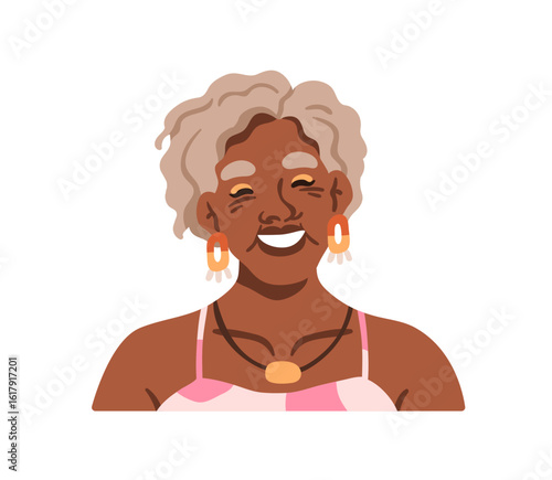 Elderly black woman portrait. Happy smiling laughing senior old aged female with curly gray hair, accessories. Mature lady, positive emotion. Flat vector illustration isolated on white background