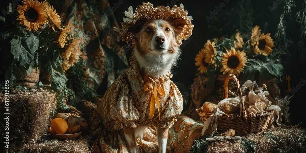 Naklejka premium Authentic Dog in Traditional June Festival Attire Sitting on Hay Bales with Sunflowers Premium Summer Lifestyle for Family Marketing and Social Media Campaigns