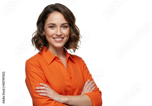 Smiling woman in orange shirt with arms crossed isolated on transparent background