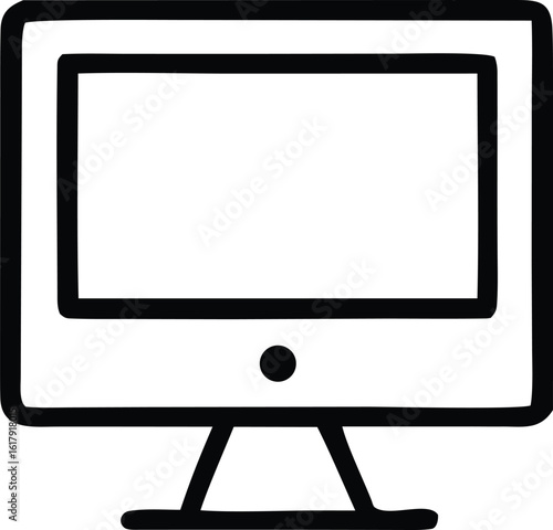 Simple hand drawn outline icon of a modern computer monitor displaying a blank screen on a stand