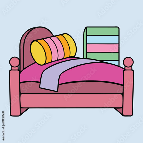 Pink bed with striped bolster pillow and bedside table