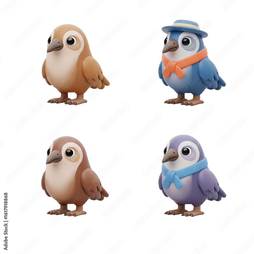 Fototapeta premium Four adorable cartoon birds with different accessories
