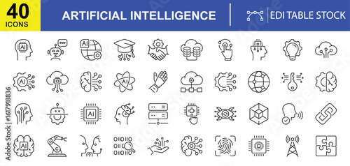 AI Icons: A visually engaging collection of 40 editable icons illustrating key concepts and symbols in the realm of artificial intelligence, showcasing diverse technological elements.