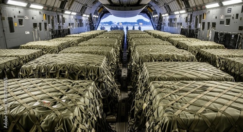 Interior of a military cargo plane filled with rows of olive green cargo pallets, representing logistics, defense, and global supply chains.


