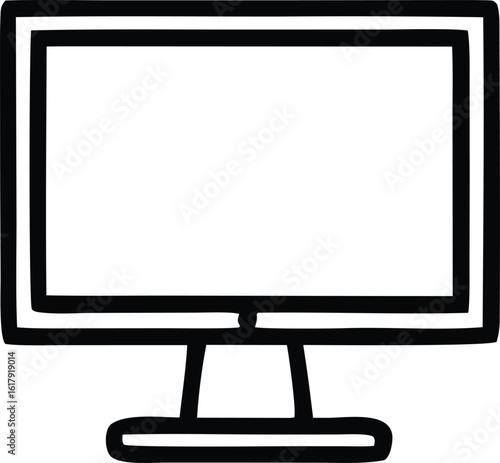 Simple hand drawn outline icon of a modern computer monitor displaying a blank screen on a stand