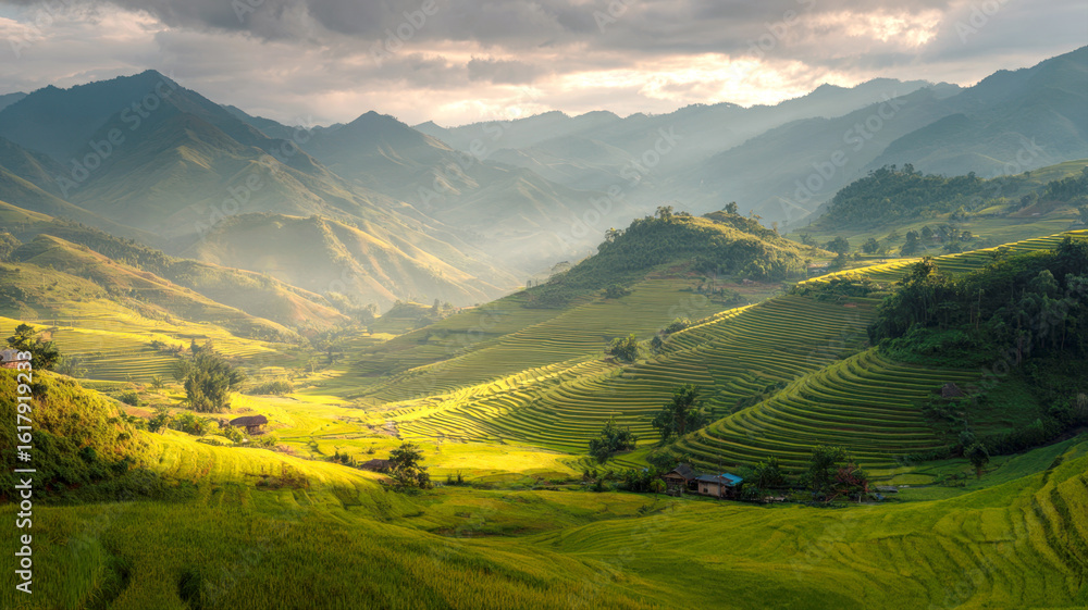 Fototapeta premium Breathtaking landscape of vibrant green rice terraces cascading down mountainsides in a dramatic valley. Perfect for themes of travel, agriculture, nature, and scenic beauty in Southeast Asia