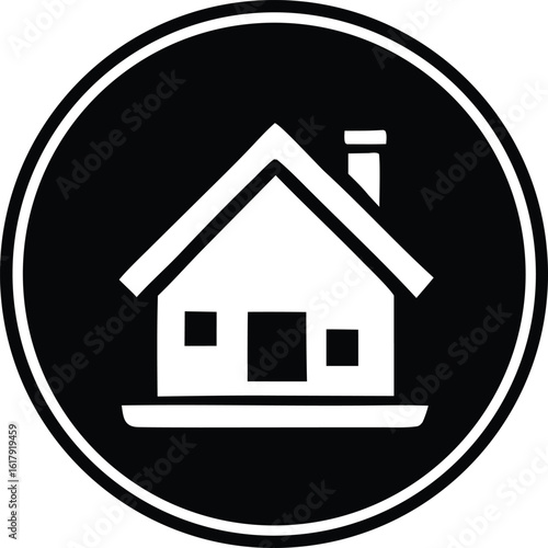 Simple white silhouette of a house with a chimney inside a black circle icon representing home and residence