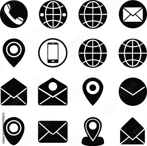 Collection of essential communication and location icons including phone globe envelope and map pin for digital and print media applications